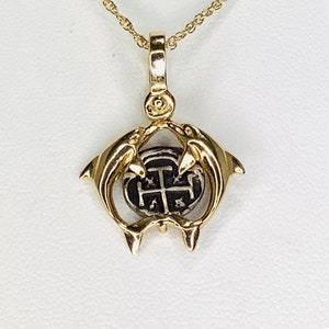 Vintage 14k Gold Dolphins Bezel Necklace Pendant Holding Atocha Coin