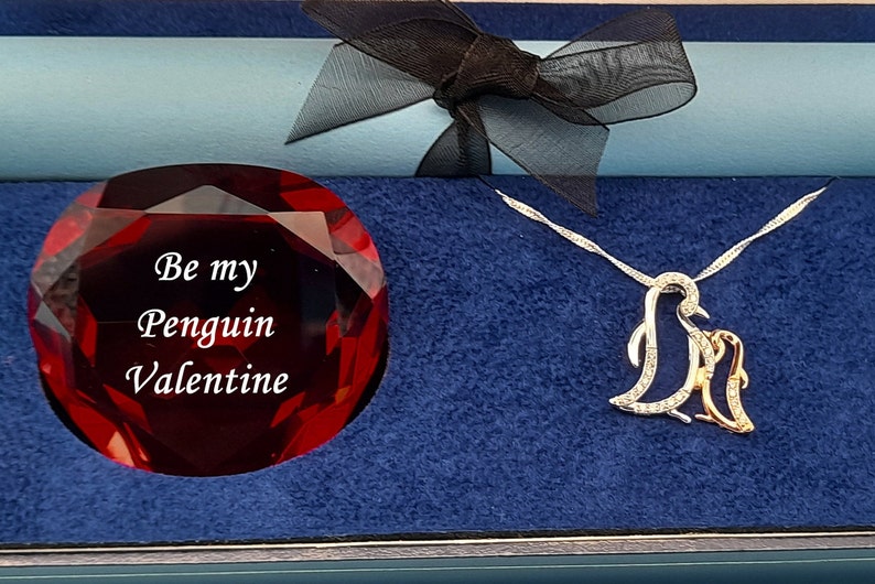 Personalisable penguin themed Valentines gift box Love on the Rocks with choice of beautiful penguin pendants