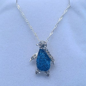 Blue sparkle silver crystal  penguin pendant by pebblez and penguinz