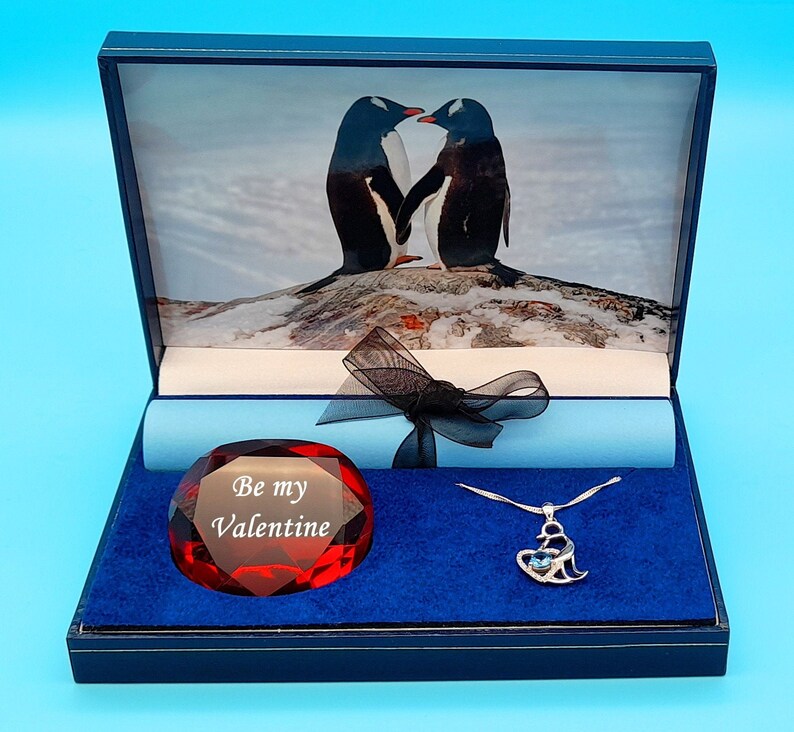 Personalisable penguin themed Valentines gift box Love on the Rocks with choice of beautiful penguin pendants