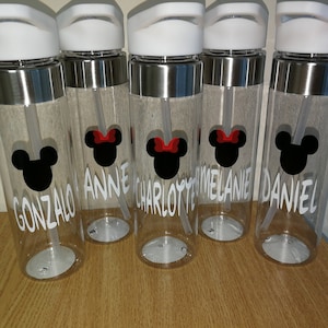 May include: Five clear plastic water bottles with white lids and straws. Each bottle features a black Mickey Mouse head graphic and a name in white lettering. One bottle has a red bow. Names include: GONZALO, ANNE, CHARLOTTE, MELANIE, and DANIEL.