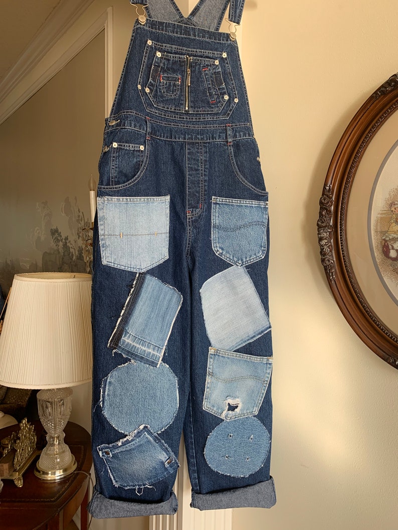 Womens Large Denim OVERALLS with Faded Denim Patches and Etsy