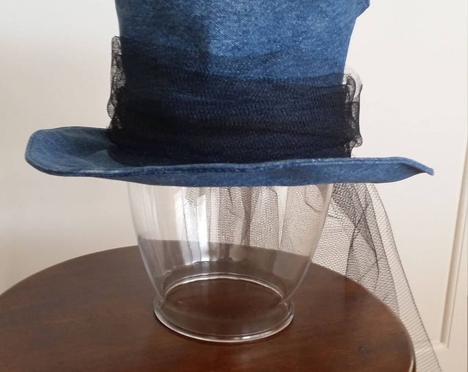 Upcycled Denim Top Hat With Black Tulle Band Etsy