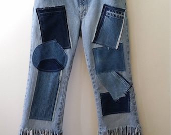 Re-styled JEANS with Denim PATCHES and FRINGE, Women’s Size 11/12