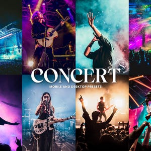 Op de afbeelding: Een collage van concertscènes met levendige verlichting en energieke optredens. Het woord "CONCERT" wordt in grote witte letters weergegeven, met daaronder "MOBILE AND DESKTOP PRESETS". De afbeeldingen tonen muzikanten en publiek.