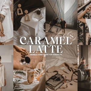 Op de afbeelding: Een collage van afbeeldingen die een set mobiele en desktop fotopresets laten zien genaamd "Caramel Latte". De afbeeldingen tonen een verscheidenheid aan scènes, waaronder een vrouw in een wit shirt, een vrouw in een wit shirt en jeans, een stel dat over straat loopt, een vrouw die op een stoel zit en een glas caramel latte.