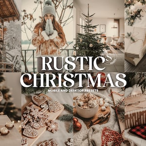 Könnte beinhalten: Eine Collage von Bildern mit rustikalem Weihnachtsthema. Enthält eine Frau in Winterkleidung, einen geschmückten Weihnachtsbaum, verpackte Geschenke, Lebkuchen und eine Tasse heiße Schokolade. Der Text "RUSTIC CHRISTMAS" ist deutlich sichtbar.