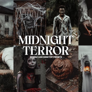 May include: A collage of spooky Halloween images. Includes a haunted house, a zombie, a carved pumpkin, a ghost, and a person with a skull face. The text "MIDNIGHT TERROR" is displayed in large white letters.