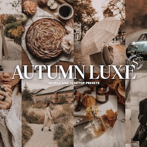 May include: A collection of autumnal images. Features a woman in a beige coat, an apple pie, a person with a plaid umbrella, a vintage blue car, and the text "AUTUMN LUXE" with "MOBILE AND DESKTOP PRESETS" below.