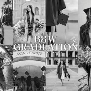 Puede incluir: Un collage en blanco y negro con fotos de graduados con birretes y togas. Las imágenes muestran a estudiantes posando al aire libre, algunos con los brazos levantados, otros sosteniendo sus birretes. El texto dice "B&W GRADUATION" y "ACADEMIC MOBILE AND DESKTOP PRESETS".