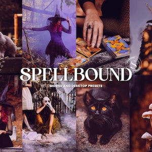 Puede incluir: Un collage de imágenes con temática mística, que presenta un gato gris sobre una lápida, una bruja con un vestido morado, una mano con un tatuaje de araña, cartas del tarot, una persona con una máscara de cuervo y un gato negro con ojos naranjas. Se muestra la palabra "SPELLBOUND".