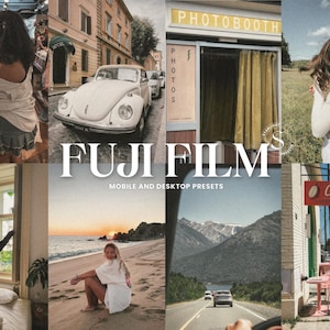 Może przedstawiać: Kolaż zdjęć lifestyle'owych w stylu vintage. Sceny obejmują sklep z płytami, klasyczny samochód, budkę fotograficzną i plażę. Wyświetlany jest tekst "FUJI FILM" i "MOBILE AND DESKTOP PRESETS".