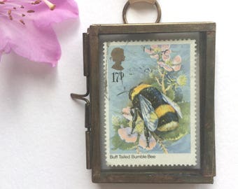 Bee Gift, Bumble Bee Wall Art, Bumble Bee Decor, Bee Keepers Gift, Nature Lover Gift, Letterbox Gift for Her, Bee Happy, Vintage Stamps