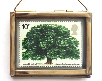 Horse Chestnut Tree Postage Stamp Keepsake Gift - British Woodland Wall Art Decor - Nature Lover Gift - Miniature Artwork - Vintage Stamps