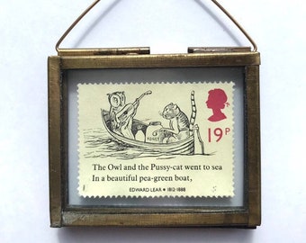 The Owl and the Pussy Cat Vintage Postage Stamp Ornament - Bookish Gifts and Decor - Love Poem Poetry - Valentines Gift