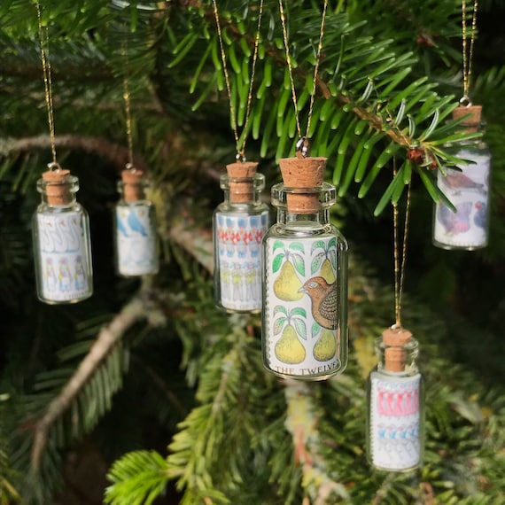 12 Days of Christmas Vintage Ornaments Mini Christmas Decorations Postage  Stamps in Glass Bottles Small Christmas Tree Decorations UK 