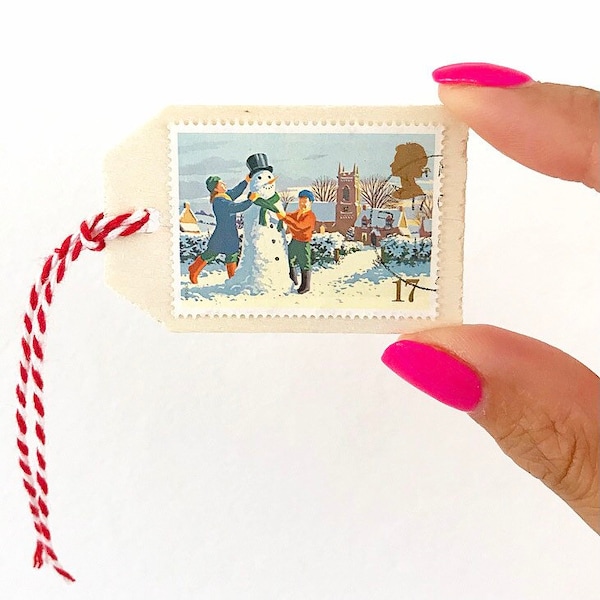 Wooden Christmas Gift Tags, Set of 10 - Vintage Wooden Christmas Decorations - Christmas Wrapping Accessories - Christmas Postage Stamps