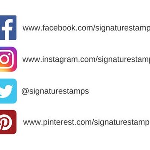 K&ouml;nnte beinhalten: Social-Media-Symbole f&uuml;r Facebook, Instagram, Twitter und Pinterest mit Links zum Signature Stamps-Konto.