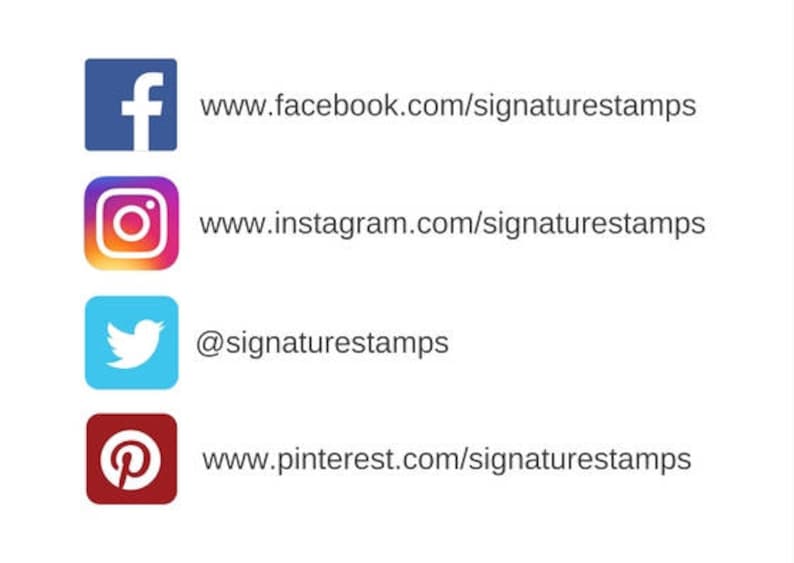 K&ouml;nnte beinhalten: Social-Media-Symbole f&uuml;r Facebook, Instagram, Twitter und Pinterest mit Links zum Signature Stamps-Konto.