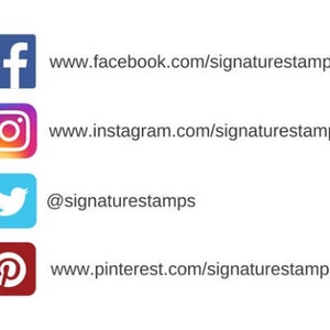 K&ouml;nnte beinhalten: Social-Media-Symbole f&uuml;r Signature Stamps, darunter Facebook, Instagram, Twitter und Pinterest. Die Links sind f&uuml;r jede Plattform angegeben.
