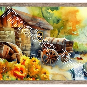 Digital Download Digital Art, Water Color Old Mill in Forest, PNG File
