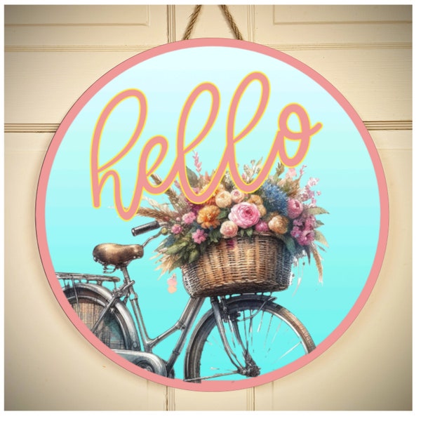 Digital Download Sublimation Round Door Hanger Design, Hello Bicycle with Basket of Flowers, PNG File