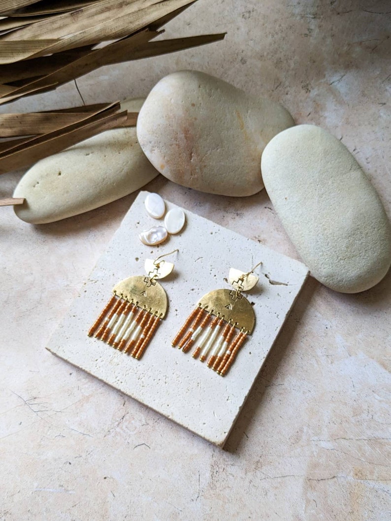 Brass and pearl earrings, boho earrings image 7