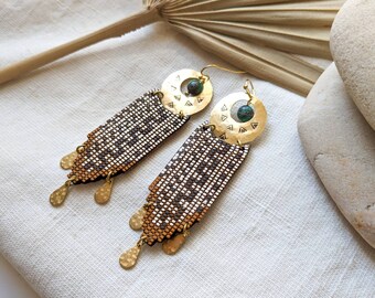 Pearl-effect wood and brass earrings. Native American Earrings.