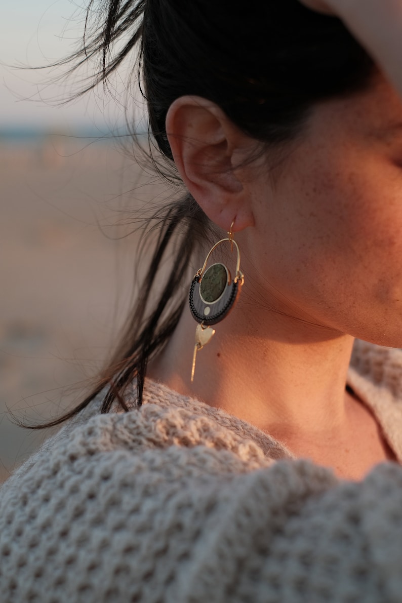 Wood, red cork and brass earrings image 4