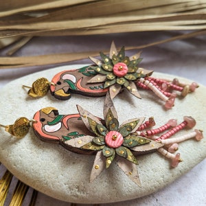 Parrot earrings in wood and cork image 5