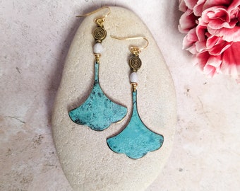 Oxidized brass earrings and Job's tears, gingko