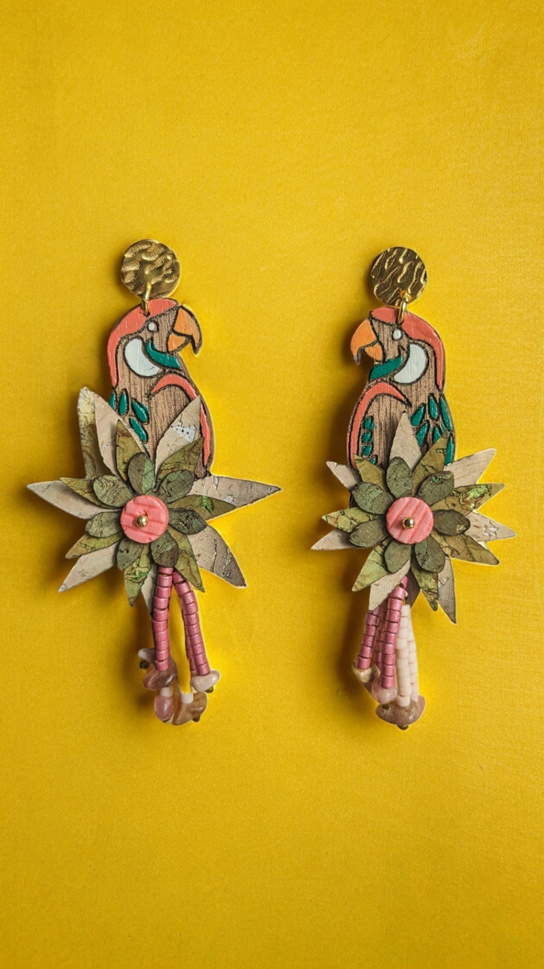 Parrot earrings in wood and cork image 7