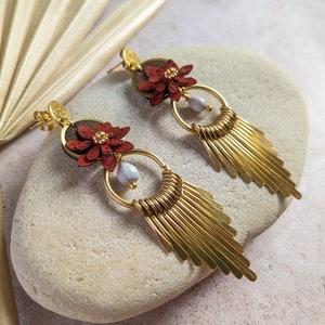 Cork and boho wood flower earrings image 1