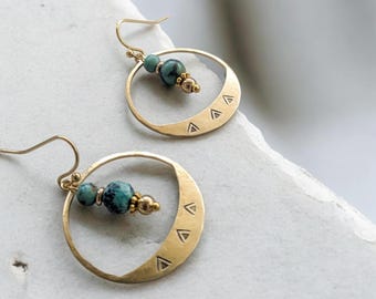 African brass and turquoise hoop earrings