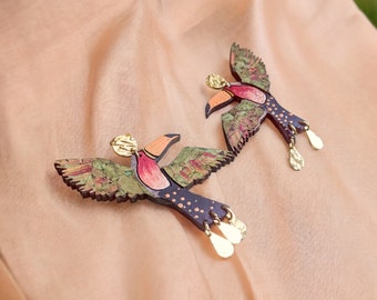 Walnut wood earrings, Toucan, tropical bird