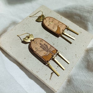 Wooden cactus and moon earrings