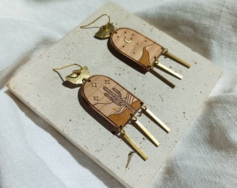 Wooden cactus and moon earrings