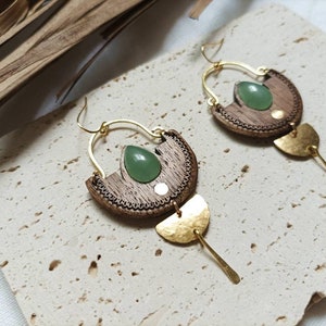 Earrings in walnut, brass, aventurine stone or jasper. Bohemian earrings image 2