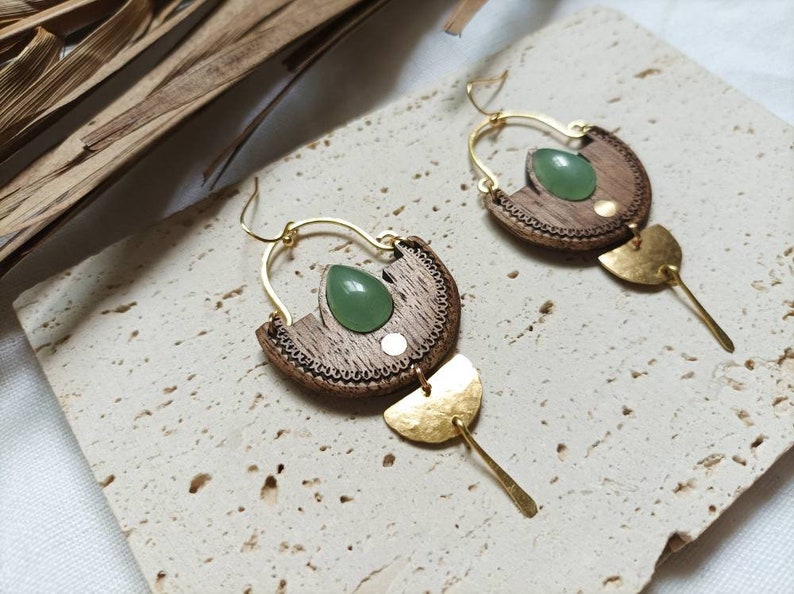 Earrings in walnut, brass, aventurine stone or jasper. Bohemian earrings image 2