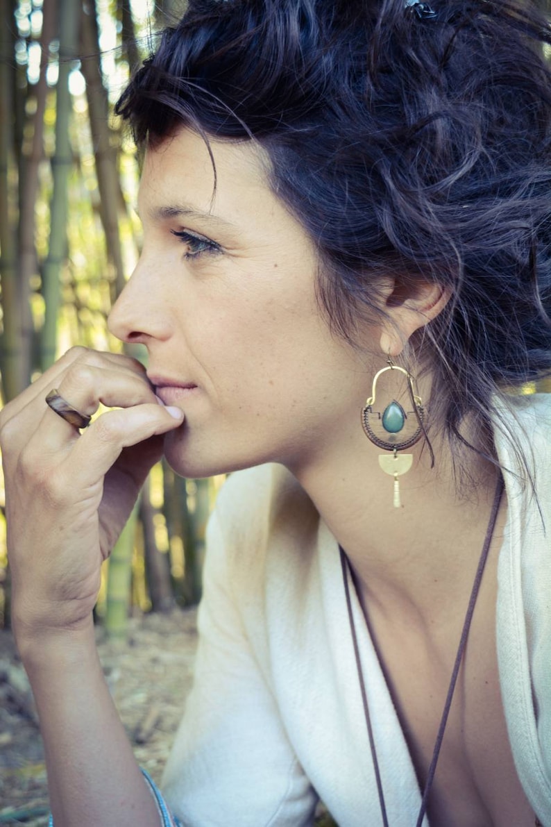 Earrings in walnut, brass, aventurine stone or jasper. Bohemian earrings image 4