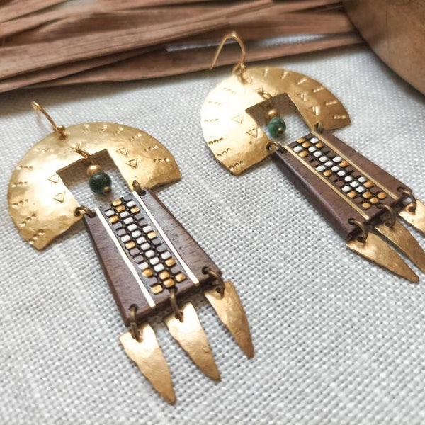 Ethnic brass and wood earrings