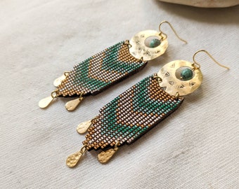 Native American, blue, brass and wood earrings