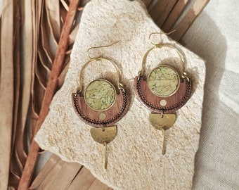 Wood, red cork and brass earrings