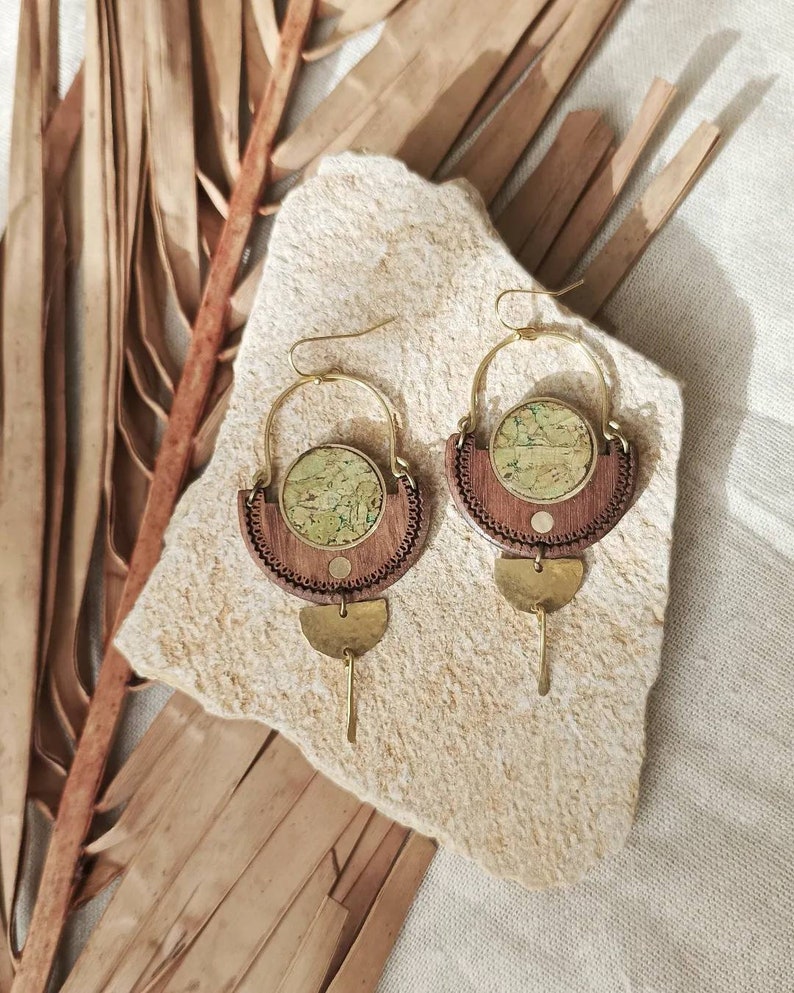 Wood, red cork and brass earrings image 1