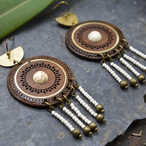 Ethnic earrings, walnut wood, brass and natural stone image 1