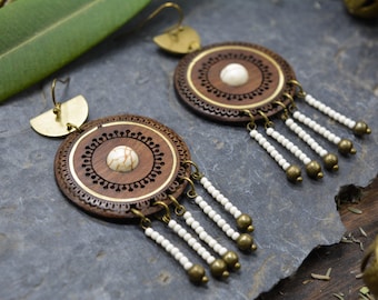 Ethnic earrings, walnut wood, brass and natural stone