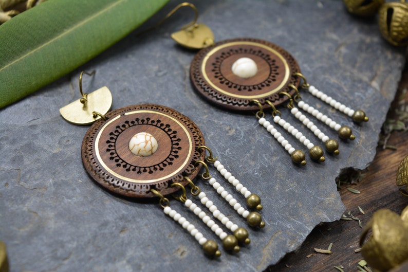 Ethnic earrings, walnut wood, brass and natural stone image 1