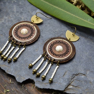 Ethnic earrings, walnut wood, brass and natural stone image 6