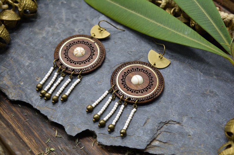 Ethnic earrings, walnut wood, brass and natural stone image 6