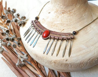 Necklace in wood, red jasper and brass